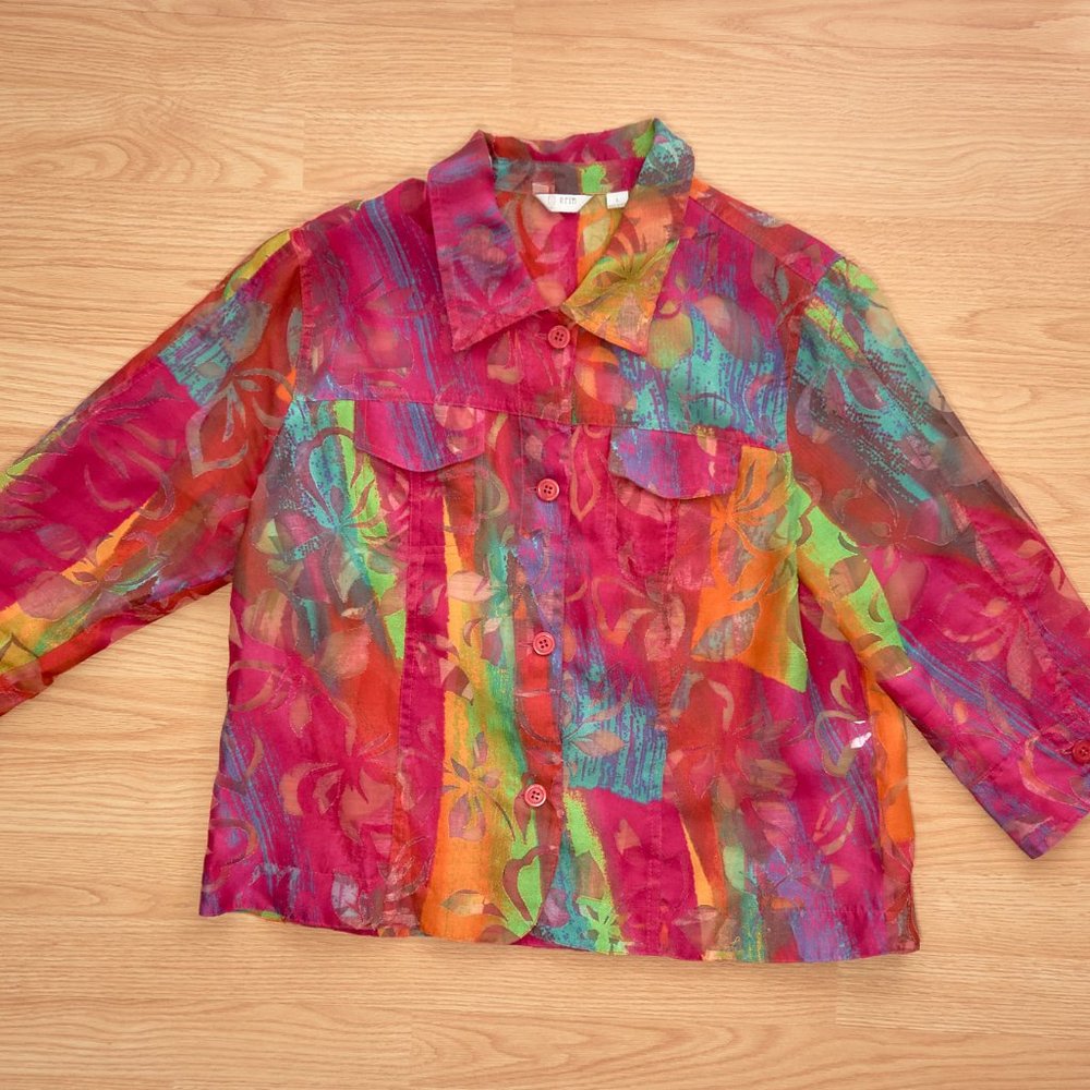 Erin London Women's Colorful Button Up Mesh Blouse, Size L